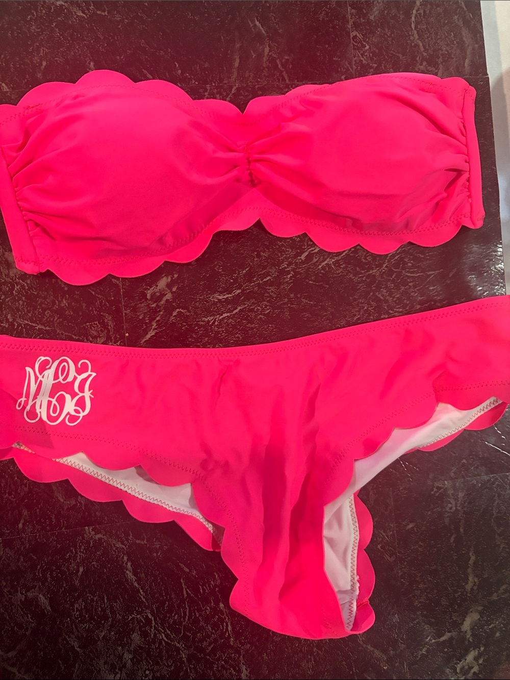 Scallop-Edge Hot Pink Bandeau Bikini Set with Monogram Detail